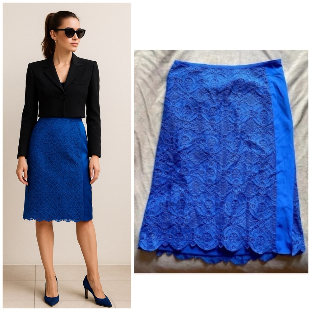Magaschoni Royal Blue Lace Silk Panel A-Line Midi Skirt Size 4 Small